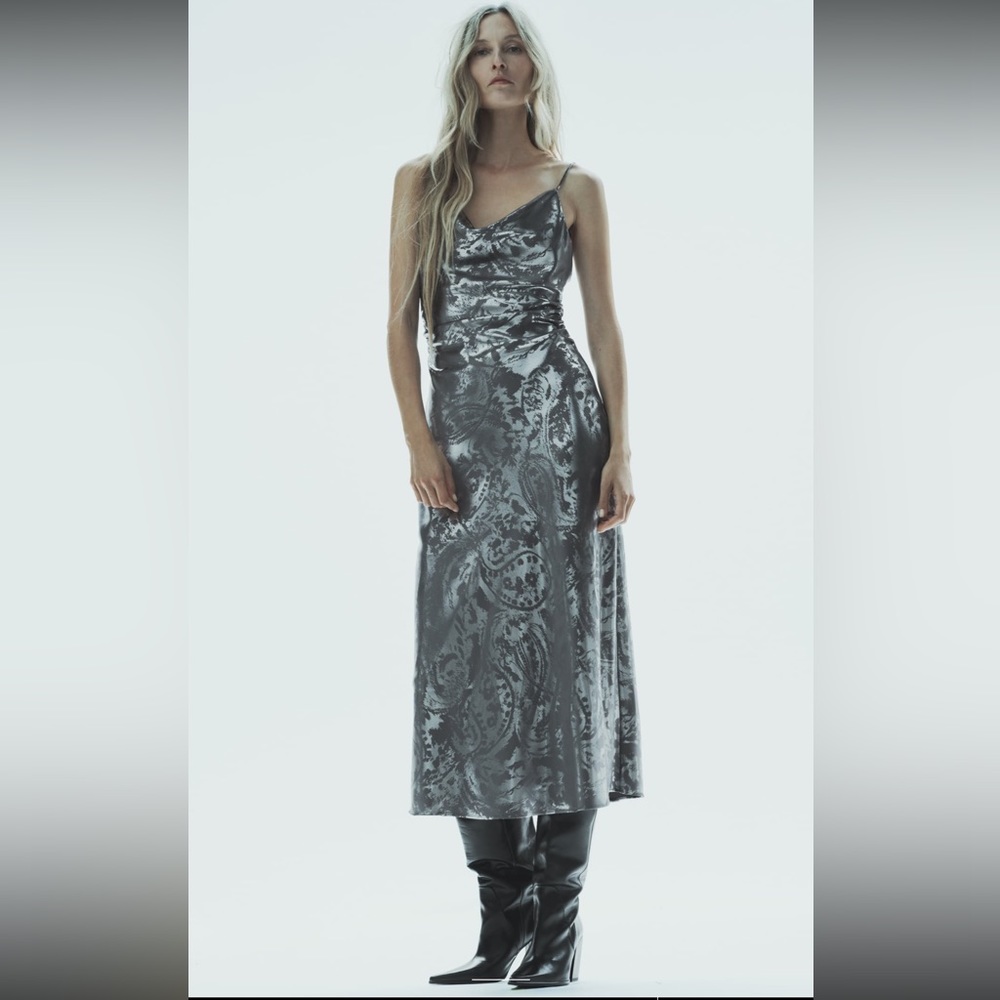 ZARA FOIL PRINTED SLIP MIDI DRESS